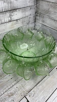 Vintage Green Tiara Chantilly Glass Punch Bowl & Cups Hooks EUC