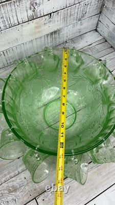 Vintage Green Tiara Chantilly Glass Punch Bowl & Cups Hooks EUC