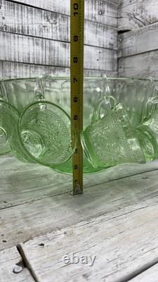 Vintage Green Tiara Chantilly Glass Punch Bowl & Cups Hooks EUC