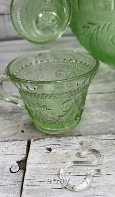 Vintage Green Tiara Chantilly Glass Punch Bowl & Cups Hooks EUC