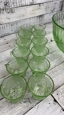 Vintage Green Tiara Chantilly Glass Punch Bowl & Cups Hooks EUC