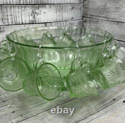 Vintage Green Tiara Chantilly Glass Punch Bowl & Cups Hooks EUC