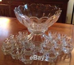 Vintage HEISEY Colonial / Puritan Punch Bowl Set with 24 cups, base, glass ladle