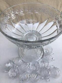 Vintage HEISEY GLASS PUNCH BOWL SET with Pedestal STAND & 12 CUPS Greek Key design