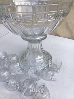 Vintage HEISEY GLASS PUNCH BOWL SET with Pedestal STAND & 12 CUPS Greek Key design