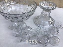 Vintage HEISEY GLASS PUNCH BOWL SET with Pedestal STAND & 12 CUPS Greek Key design