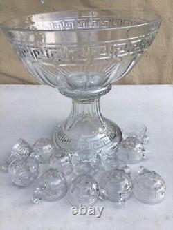 Vintage HEISEY GLASS PUNCH BOWL SET with Pedestal STAND & 12 CUPS Greek Key design