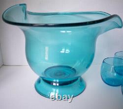 Vintage Hand Blown Blue Glass Footed Punch Bowl with Spout Pontil + 9 Glasses MCM