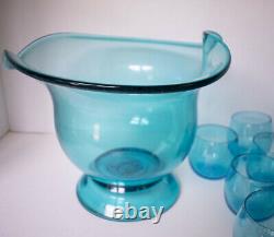 Vintage Hand Blown Blue Glass Footed Punch Bowl with Spout Pontil + 9 Glasses MCM