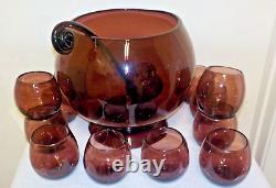 Vintage Hand-Blown Purple Amethyst Punch Bowl & Ladle & 12 Cups