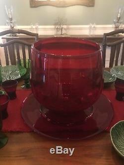 Vintage Handblown Red Punch Bowl Plate Cups Christmas Huge Blenko