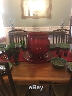 Vintage Handblown Red Punch Bowl Plate Cups Christmas Huge Blenko