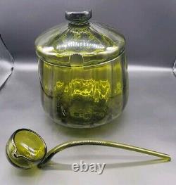 Vintage Handmade Empoli Glass Olive Green Optic Lidded Punch Bowl & Ladle