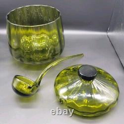 Vintage Handmade Empoli Glass Olive Green Optic Lidded Punch Bowl & Ladle