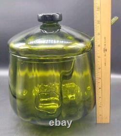 Vintage Handmade Empoli Glass Olive Green Optic Lidded Punch Bowl & Ladle