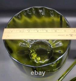 Vintage Handmade Empoli Glass Olive Green Optic Lidded Punch Bowl & Ladle