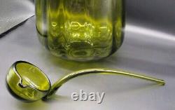 Vintage Handmade Empoli Glass Olive Green Optic Lidded Punch Bowl & Ladle