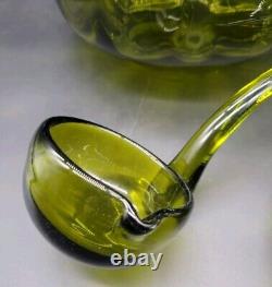 Vintage Handmade Empoli Glass Olive Green Optic Lidded Punch Bowl & Ladle