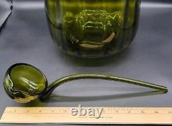 Vintage Handmade Empoli Glass Olive Green Optic Lidded Punch Bowl & Ladle