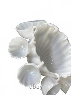 Vintage Hazel Atlas Alpine White Swirl Milk Glass Punch Bowl Set Hanging Cups
