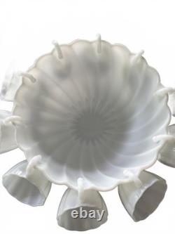 Vintage Hazel Atlas Alpine White Swirl Milk Glass Punch Bowl Set Hanging Cups