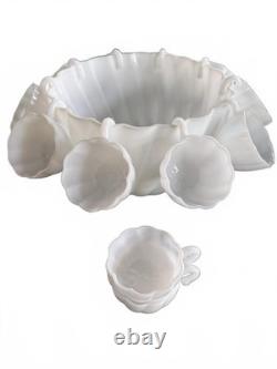 Vintage Hazel Atlas Alpine White Swirl Milk Glass Punch Bowl Set Hanging Cups
