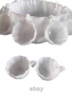 Vintage Hazel Atlas Alpine White Swirl Milk Glass Punch Bowl Set Hanging Cups