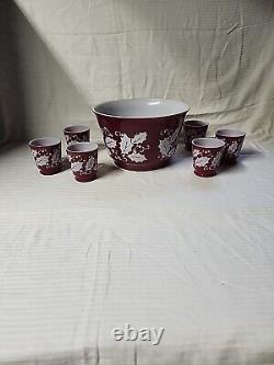 Vintage Hazel Atlas Christmas Burgundy Holly Egg Nog Glass Punch Bowl Set 1950s