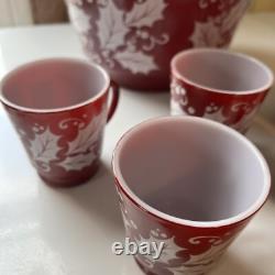 Vintage Hazel Atlas Christmas Burgundy Holly Egg Nog Glass Punch Bowl Set 1950s