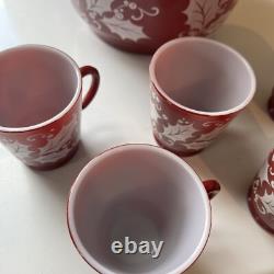 Vintage Hazel Atlas Christmas Burgundy Holly Egg Nog Glass Punch Bowl Set 1950s