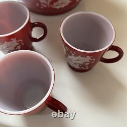 Vintage Hazel Atlas Christmas Burgundy Holly Egg Nog Glass Punch Bowl Set 1950s