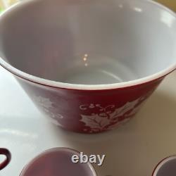 Vintage Hazel Atlas Christmas Burgundy Holly Egg Nog Glass Punch Bowl Set 1950s