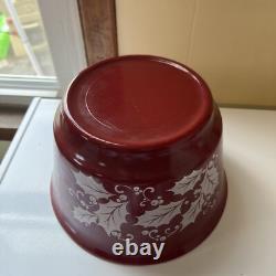 Vintage Hazel Atlas Christmas Burgundy Holly Egg Nog Glass Punch Bowl Set 1950s