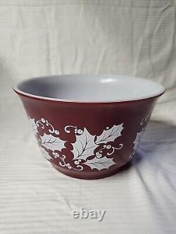 Vintage Hazel Atlas Christmas Burgundy Holly Egg Nog Glass Punch Bowl Set 1950s