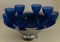 Vintage Hazel Atlas Chrome & Cobalt Punch Bowl with8 cups circa 1930's-40's