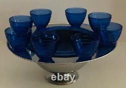 Vintage Hazel Atlas Chrome & Cobalt Punch Bowl with8 cups circa 1930's-40's