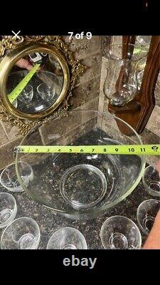 Vintage Hazel Atlas Clear Glass Punch Bowl With 9 Matching Cups With C Handle