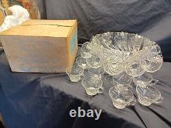 Vintage Hazel Atlas Crystal COLONIAL SWIRL Punch Bowl Set- Original Box & Insert