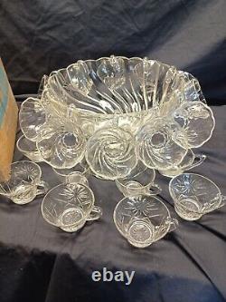 Vintage Hazel Atlas Crystal COLONIAL SWIRL Punch Bowl Set- Original Box & Insert