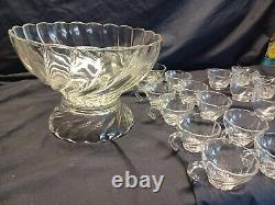 Vintage Hazel Atlas Crystal COLONIAL SWIRL Punch Bowl Set- Original Box & Insert