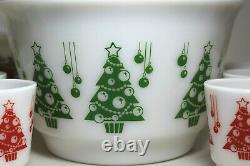 Vintage Hazel Atlas Milk Glass Christmas Trees Egg Nog Punch Bowl Set 6 Mugs