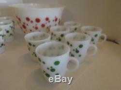 Vintage Hazel Atlas Milk Glass Polka Dot Punch Bowl Set 12 Cups