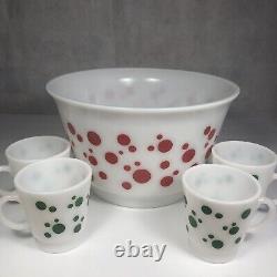 Vintage Hazel Atlas Milk Glass Red Polka Dot Punch Serving Bowl and 4 Green Cups