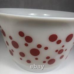 Vintage Hazel Atlas Milk Glass Red Polka Dot Punch Serving Bowl and 4 Green Cups