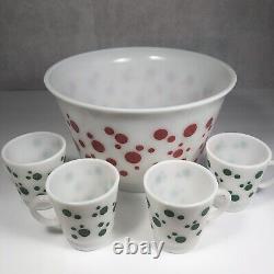 Vintage Hazel Atlas Milk Glass Red Polka Dot Punch Serving Bowl and 4 Green Cups