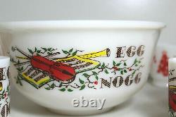 Vintage Hazel Atlas Milk Glass Violin Musical Egg Nog Punch Bowl Set 4 Mugs