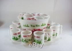 Vintage Hazel Atlas Punch Bowl with 20 Mugs Egg Nog Christmas Pattern - NICE