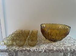 Vintage Hazel Atlas Williamsport Amber Glass Punch Bowl/12 Glass Cups STUNNING