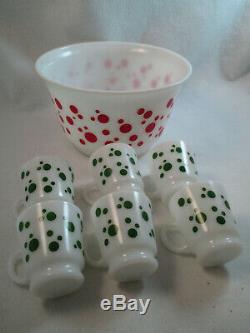 Vintage Hazel Atlas red & green polka dot Christmas punch egg nog bowl & 6 cups