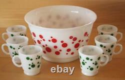 Vintage Hazel Atlas red & green polka dot punch bowl set 6 cups